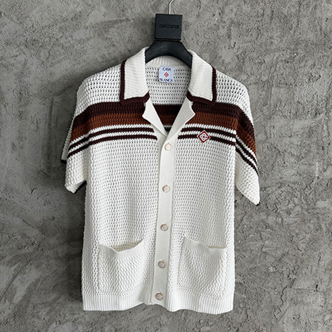 casablanca striped crochet knit camp collar short sleeve shirt